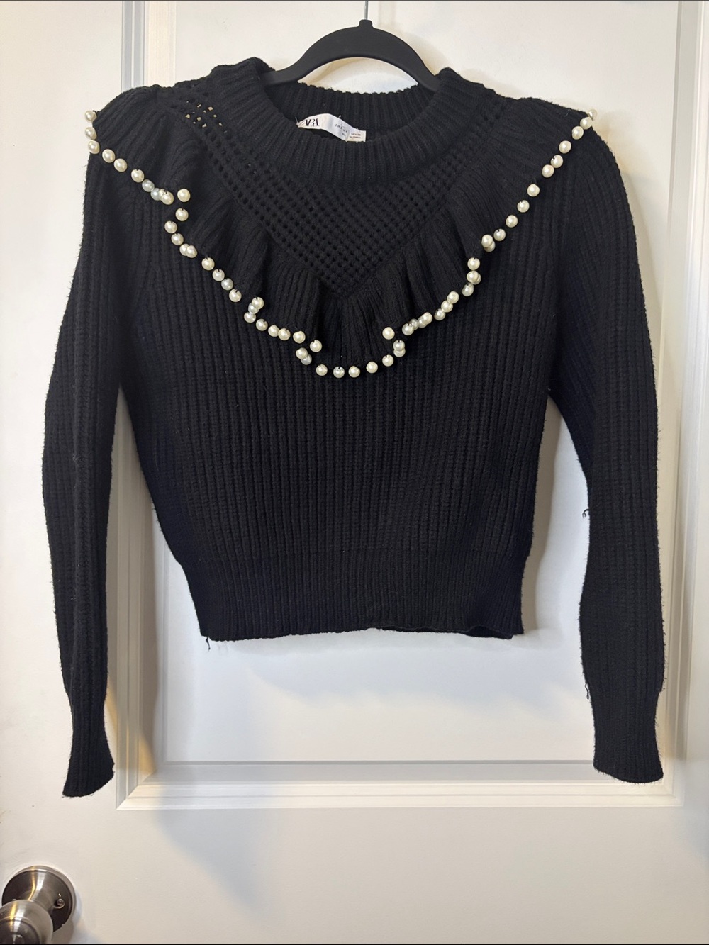 Zara Black Crewneck Sweater with Pearl-Trim Ruffle Yoke